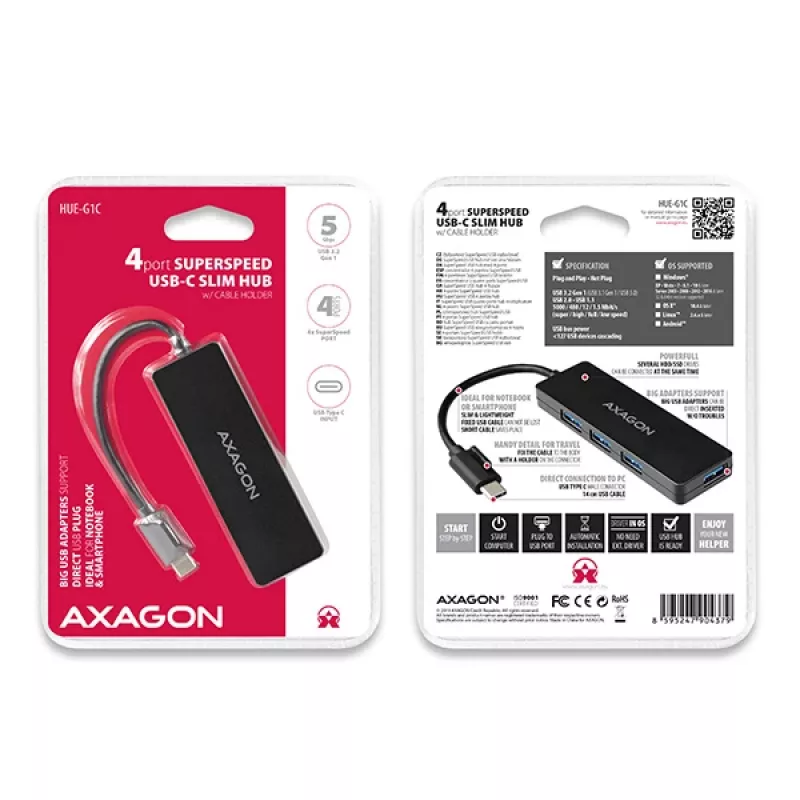 Axagon SuperSpeed USB-C schlank Hub, USB 3.2 Gen 1 (3.1 Gen 1) Typ-C, USB 3.2 Gen 1 (3.1 Gen 1) Typ-A, 5000 Mbit/s, Schwarz, Kunststoff, 0,14 m