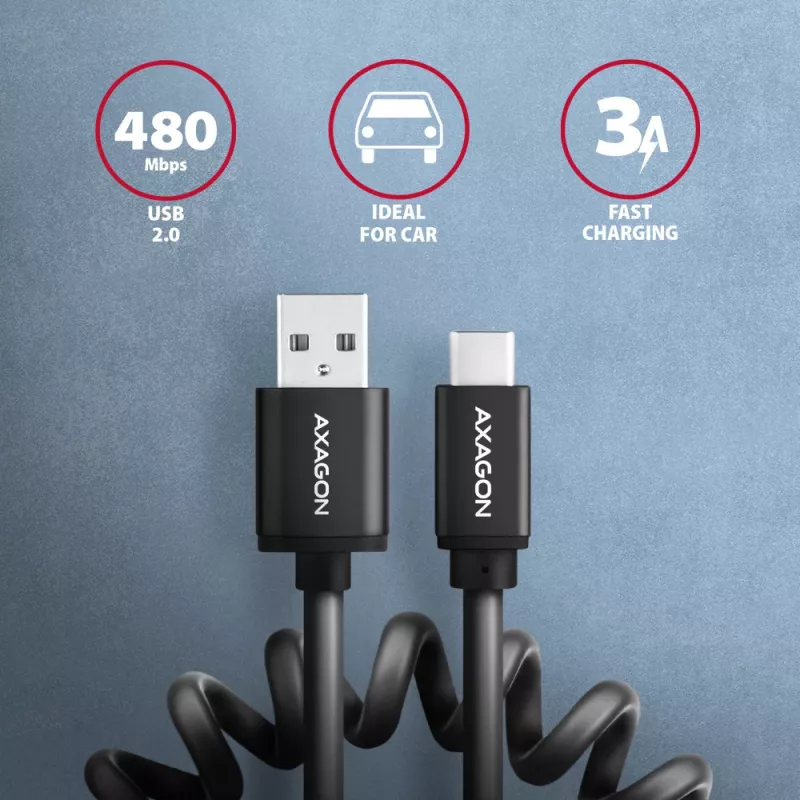 Axagon Daten- und Ladekabel USB 2.0 Länge 1,1 m. 3A. Schwarz gewendelt. USB-Kabel USB A USB C