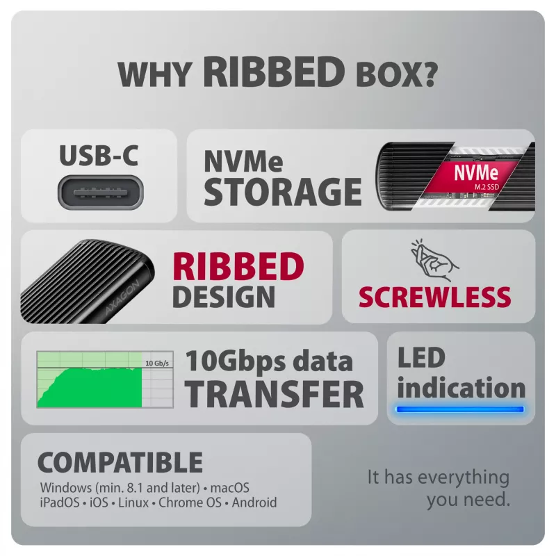 AXAGON EEM2-SC externes USB-C 10 Gbit/s schraubenloses Metallgehäuse für M.2 NVMe SSD, ein Einschub, grau