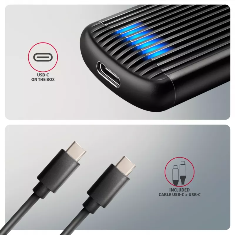 AXAGON EEM2-SC externes USB-C 10 Gbit/s schraubenloses Metallgehäuse für M.2 NVMe SSD, ein Einschub, grau