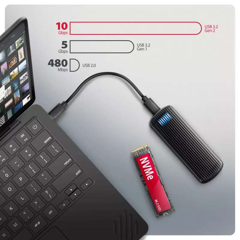 AXAGON EEM2-SC externes USB-C 10 Gbit/s schraubenloses Metallgehäuse für M.2 NVMe SSD, ein Einschub, grau