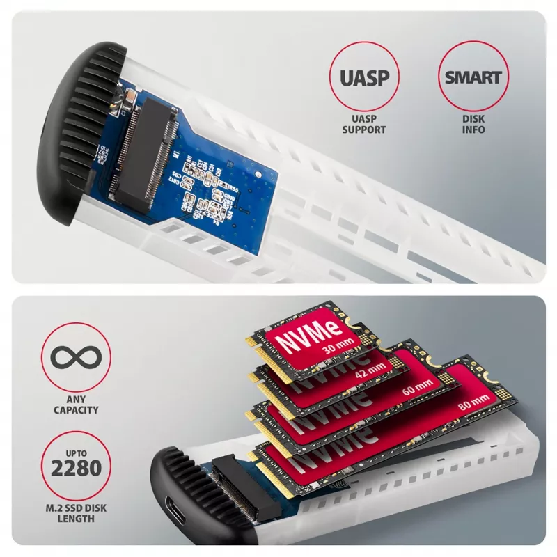 AXAGON EEM2-SC externes USB-C 10 Gbit/s schraubenloses Metallgehäuse für M.2 NVMe SSD, ein Einschub, grau