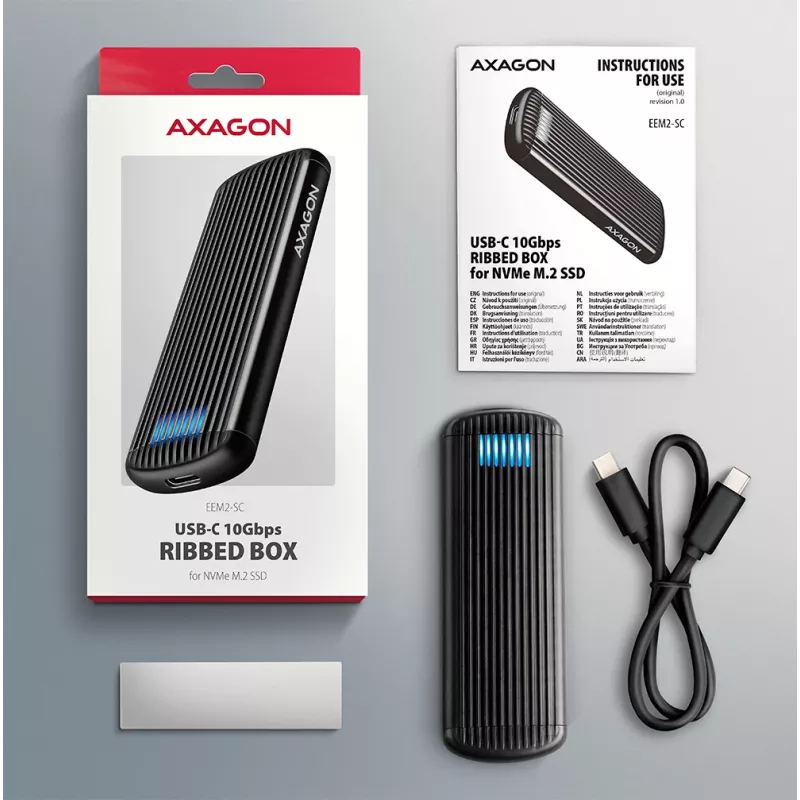 AXAGON EEM2-SC externes USB-C 10 Gbit/s schraubenloses Metallgehäuse für M.2 NVMe SSD, ein Einschub, grau