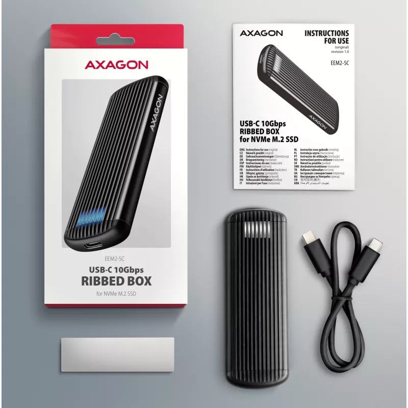 AXAGON EEM2-SC externes USB-C 10 Gbit/s schraubenloses Metallgehäuse für M.2 NVMe SSD, ein Einschub, grau