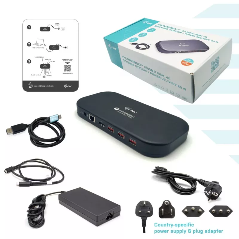 i-tec Thunderbolt 3/USB-C Dual-4K-Dockingstation + USB-C-auf-DisplayPort-Kabel (1,5 m) + Stromversorgung 60 W