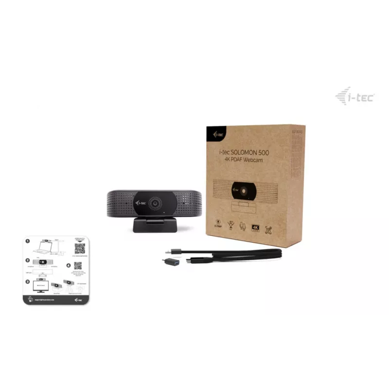 Webcam ITEC i-tec SOLOMON 500 4K PDAF — 4K Ultra HD, 3840×2160, USB, Clip-Halterung, schwarz