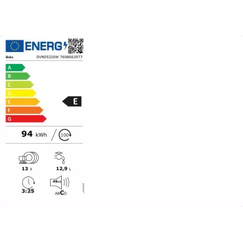 Freistehende Spülmaschine BEKO DVN05320W — 60 cm Breite, 13 Gedecke, 49 dB, 5 Programme, Energieeffizienzklasse E