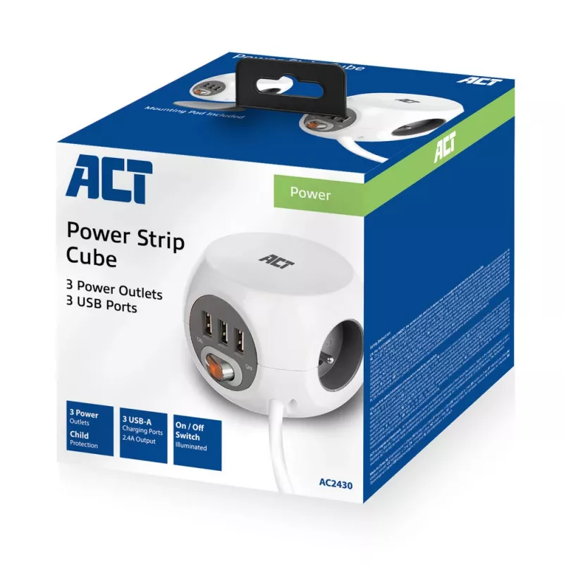 Stromverteilereinheit ACT AC2430 — 3× Typ-F-Wechselstromsteckdosen, 230 V, 16 A, 1,5 m Kabel, weiß