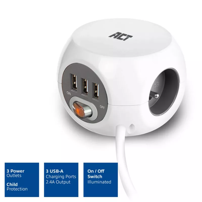 Stromverteilereinheit ACT AC2430 — 3× Typ-F-Wechselstromsteckdosen, 230 V, 16 A, 1,5 m Kabel, weiß