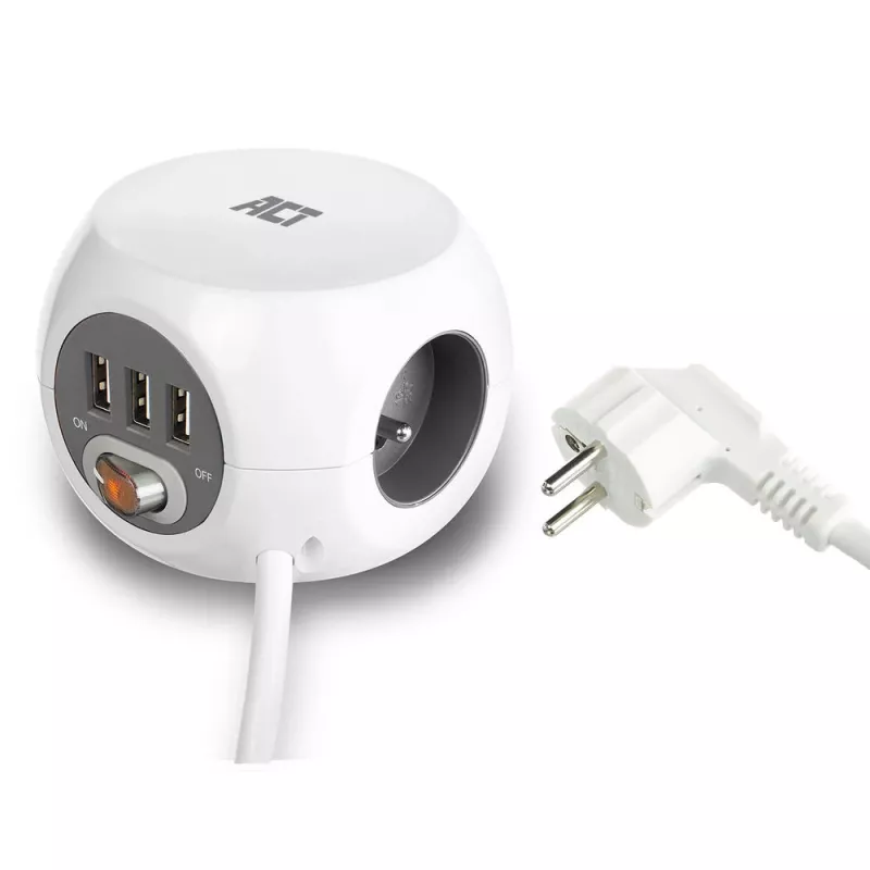 Stromverteilereinheit ACT AC2430 — 3× Typ-F-Wechselstromsteckdosen, 230 V, 16 A, 1,5 m Kabel, weiß