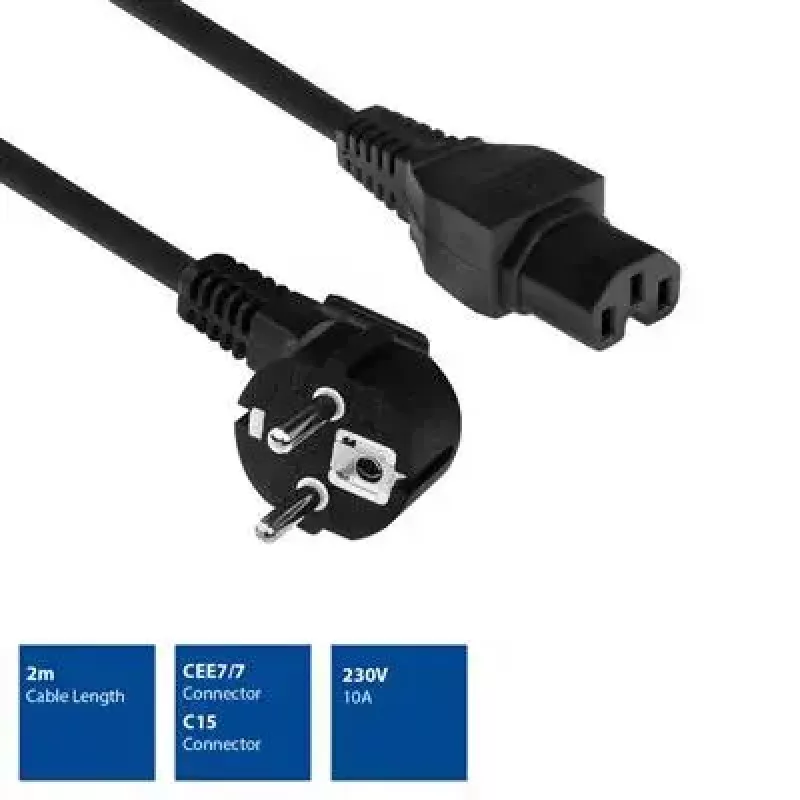 ACT Netzkabel CEE 7/7 Stecker (gewinkelt) - C15 schwarz 2 m