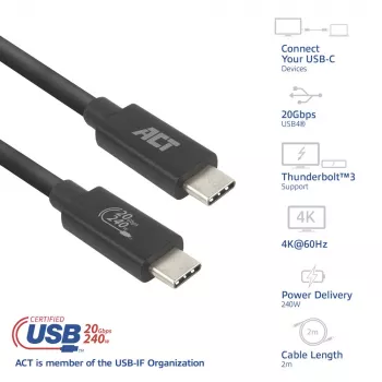 ACT USB4 20Gbps 240W USB Type-C Kabel 2m Schwarz USB-IF zertifiziert