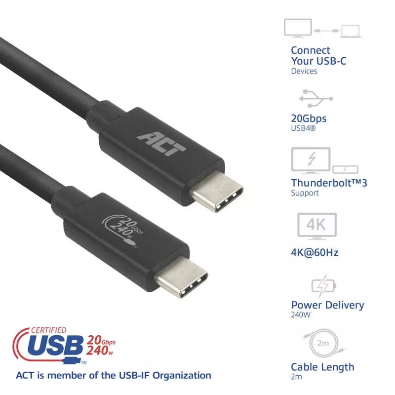 ACT USB4 20Gbps 240W USB Type-C Kabel 2m Schwarz USB-IF zertifiziert