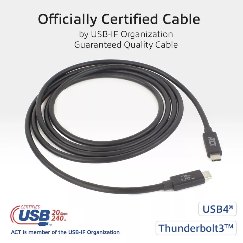 ACT USB4 20Gbps 240W USB Type-C Kabel 2m Schwarz USB-IF zertifiziert