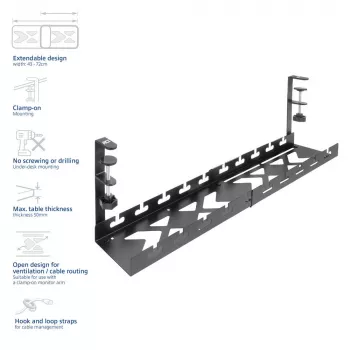 Untertisch ausziehbarer Kabelmanagementschale ACT 43–72 cm Klemmhalterung, Stahl, 728×130×190 mm, 5 kg