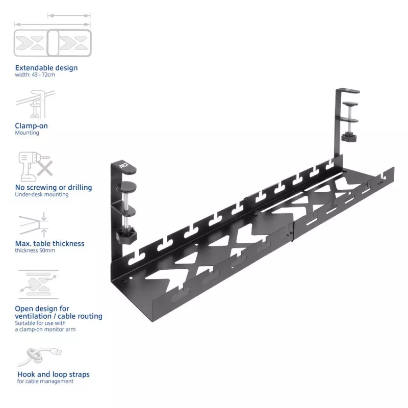 Untertisch ausziehbarer Kabelmanagementschale ACT 43–72 cm Klemmhalterung, Stahl, 728×130×190 mm, 5 kg