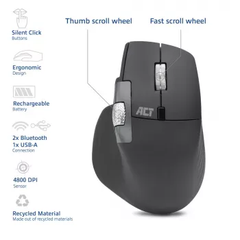ACT AC5147 kabellose Lasermaus — rechtshändig, RF + Bluetooth, 4800 DPI, 6 Tasten, grau