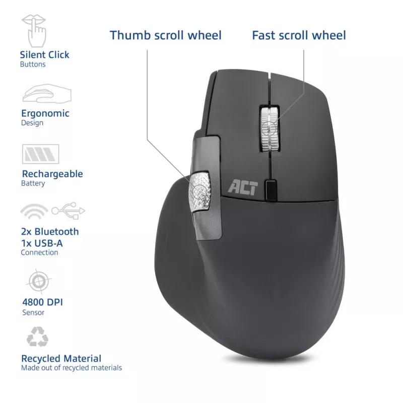 ACT AC5147 kabellose Lasermaus — rechtshändig, RF + Bluetooth, 4800 DPI, 6 Tasten, grau