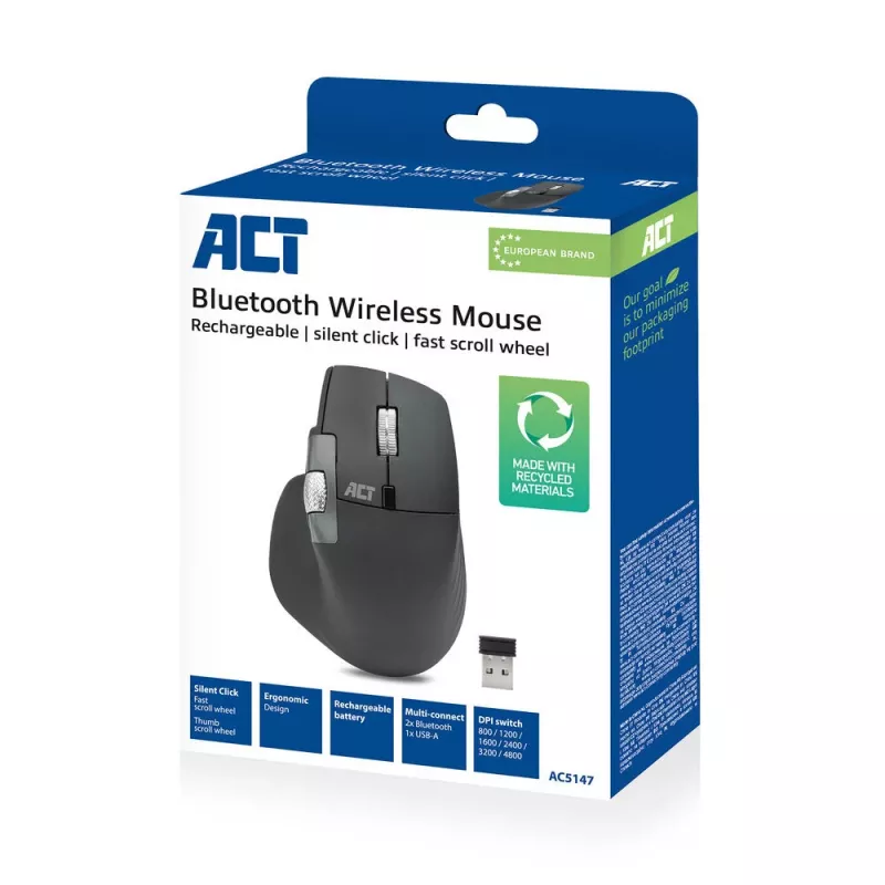 ACT AC5147 kabellose Lasermaus — rechtshändig, RF + Bluetooth, 4800 DPI, 6 Tasten, grau