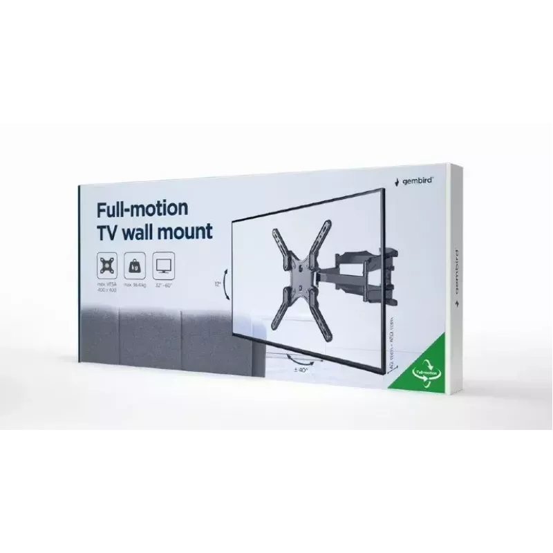 TV-Halterung Gembird WM-60ST-01 für 32–60 Zoll Fernseher, VESA 100x100–400x400, bis 36,4 kg, neigbar -2°–10°, Wandabstand 4,2–45,2 cm, schwarz