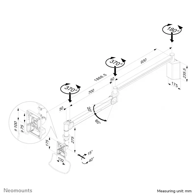 Neomounts FPMA-HAW100HC Medizinische Monitor-Wandhalterung 10-32 Zoll - h 0-170 cm - Gasfeder
