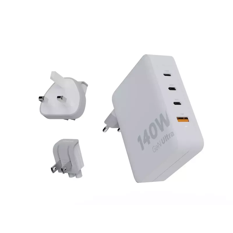 Tragbarer 140W GaN-Reiselader Xtorm XVC2140 mit 3× USB-C-PD-Anschlüssen und 2 m USB-C-Kabel, weiß