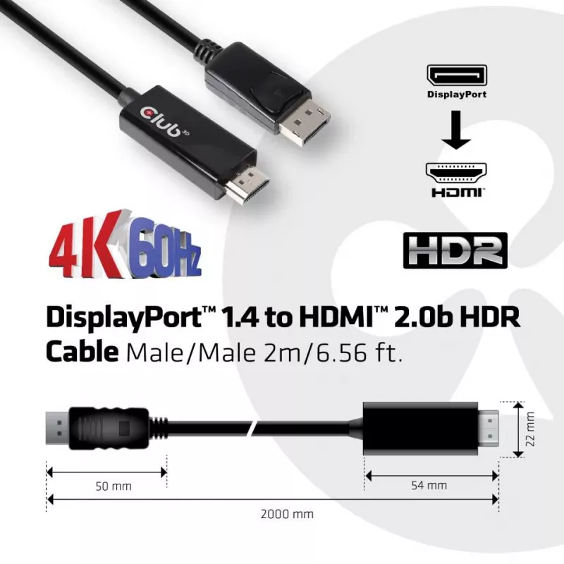 CLUB3D DisplayPort 1.4 zu HDMI 2.0b HDR Kabel, Stecker/Stecker, 2 m