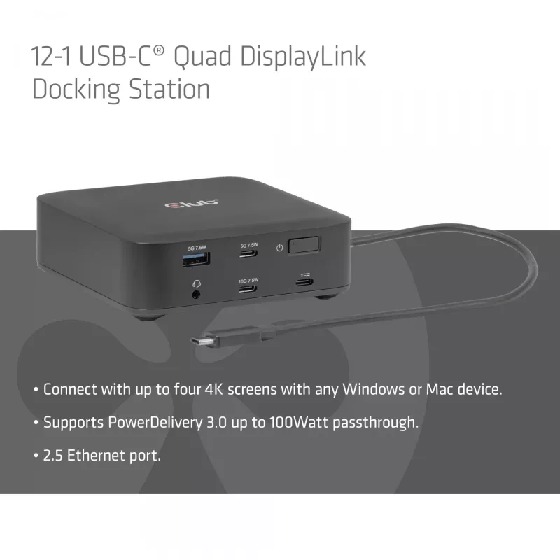 USB-C Quad DisplayLink Dockingstation CLUB 3D CSV-2542 — 2× DisplayPort 8K60Hz, 2× HDMI 4K60Hz, PD 100W, 2.5G Ethernet