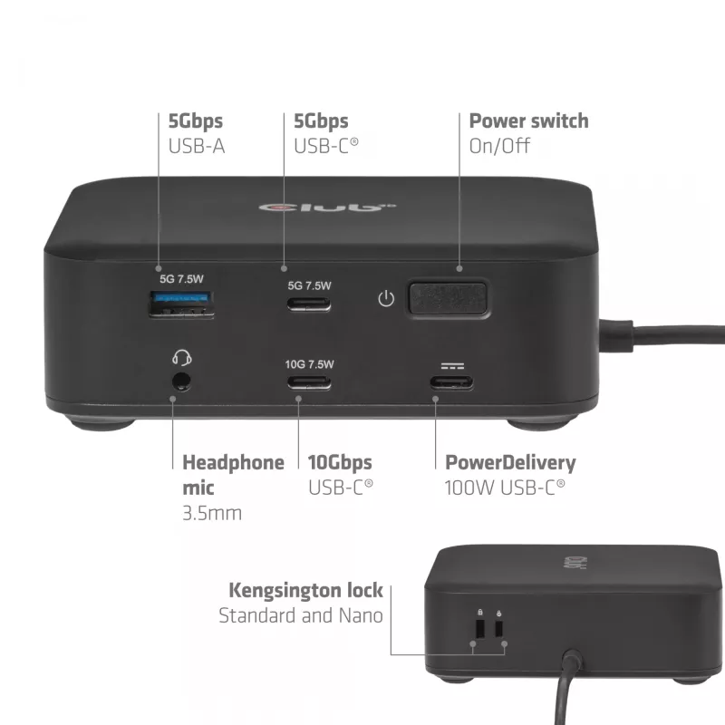 USB-C Quad DisplayLink Dockingstation CLUB 3D CSV-2542 — 2× DisplayPort 8K60Hz, 2× HDMI 4K60Hz, PD 100W, 2.5G Ethernet