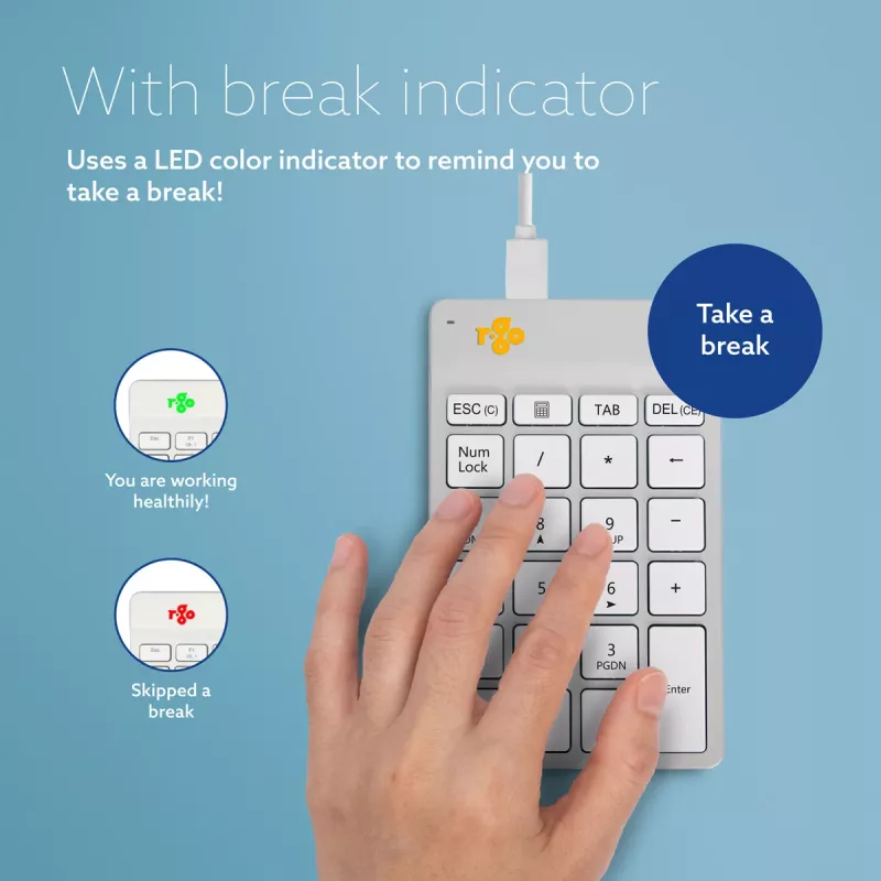 R-Go Tools Ziffernblock R-Go Numpad Break, ergonomischer Ziffernblock mit Pausensoftware, kabelgebunden, weiß
