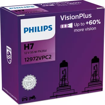 Philips VisionPlus 12972VPC2 Mehr Sicherheit und Komfort, 55 W, 12 V, H7, Halogen, 2 Stück