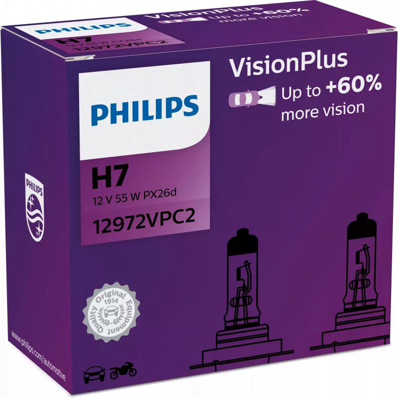 Philips VisionPlus 12972VPC2 Mehr Sicherheit und Komfort, 55 W, 12 V, H7, Halogen, 2 Stück