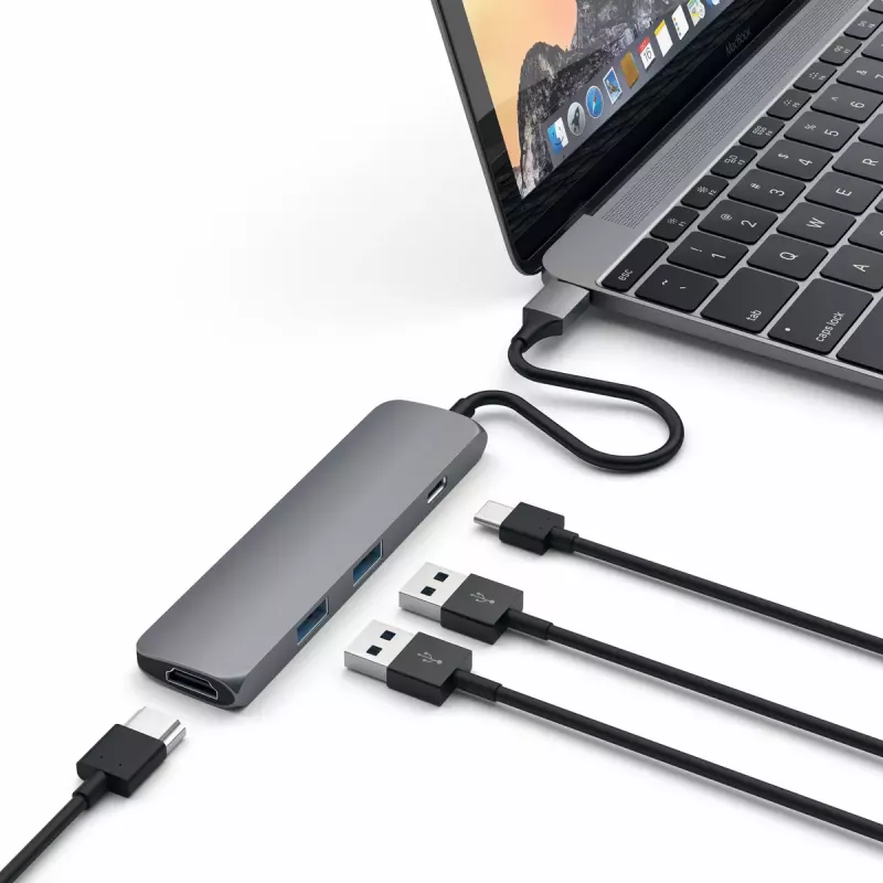 Satechi ST-CMAM Laptop-Dock/Port-Replikator USB 3.2 Gen 1 Type-C, HDMI, USB-A, USB-C, Grau, Aluminium