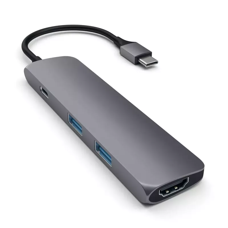 Satechi ST-CMAM Laptop-Dock/Port-Replikator USB 3.2 Gen 1 Type-C, HDMI, USB-A, USB-C, Grau, Aluminium