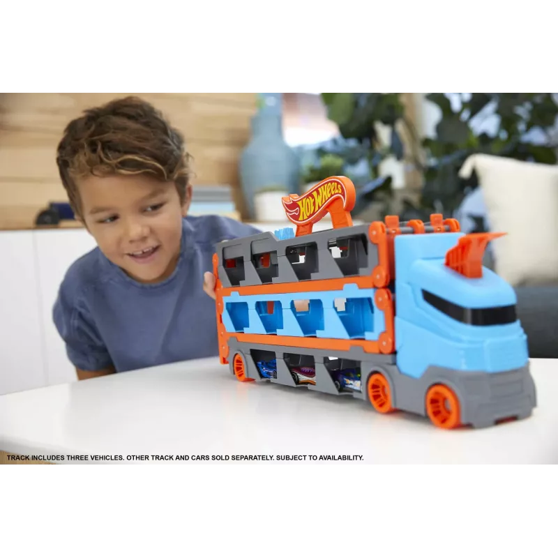Hot Wheels City Speedway Hauler Carrier mit 3 Spielzeugautos, Fahrzeug-Set, 4 Jahr(e), Kunststoff, Grau, Mehrfarbig