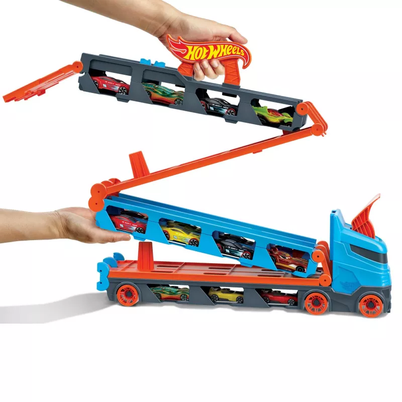Hot Wheels City Speedway Hauler Carrier mit 3 Spielzeugautos, Fahrzeug-Set, 4 Jahr(e), Kunststoff, Grau, Mehrfarbig