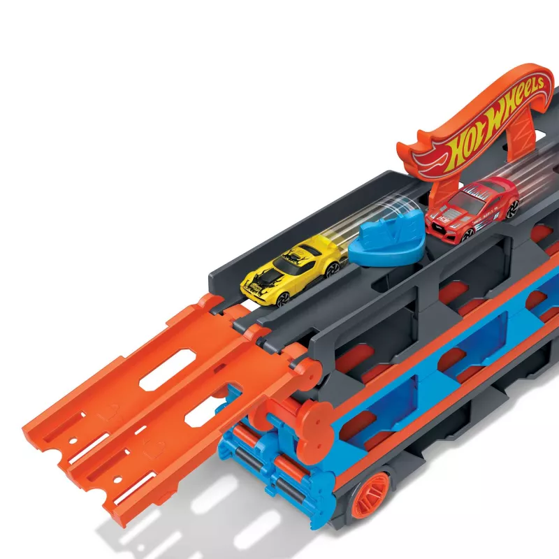 Hot Wheels City Speedway Hauler Carrier mit 3 Spielzeugautos, Fahrzeug-Set, 4 Jahr(e), Kunststoff, Grau, Mehrfarbig