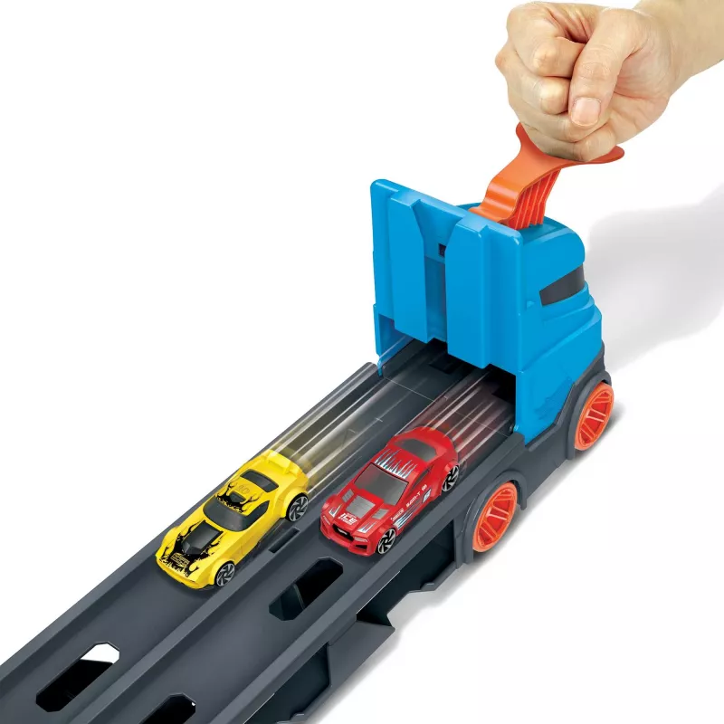 Hot Wheels City Speedway Hauler Carrier mit 3 Spielzeugautos, Fahrzeug-Set, 4 Jahr(e), Kunststoff, Grau, Mehrfarbig
