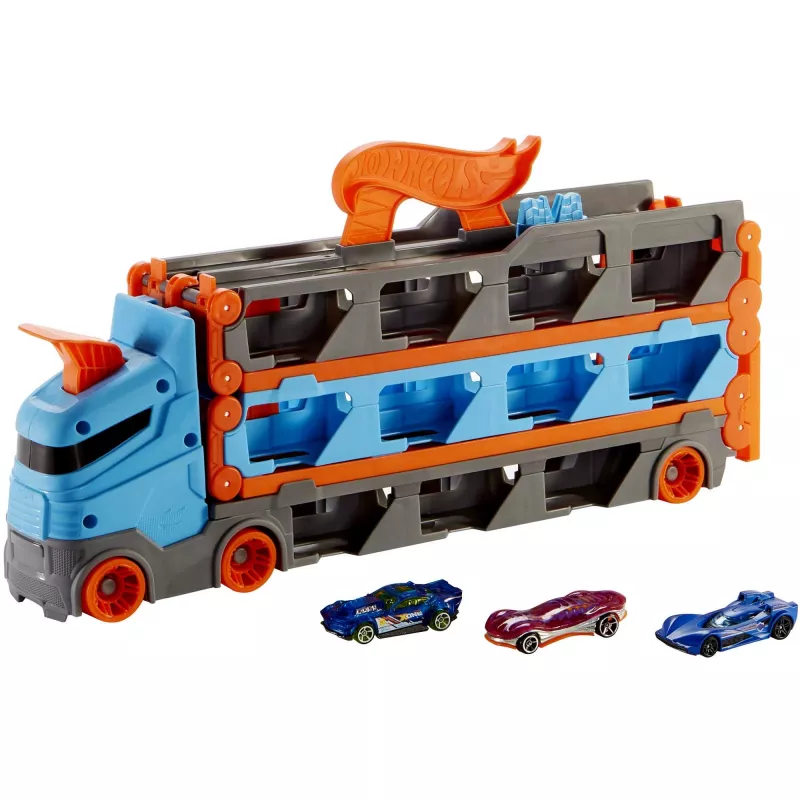 Hot Wheels City Speedway Hauler Carrier mit 3 Spielzeugautos, Fahrzeug-Set, 4 Jahr(e), Kunststoff, Grau, Mehrfarbig