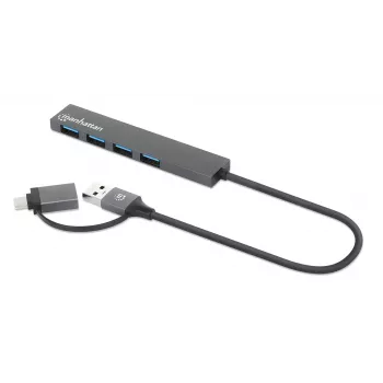 Manhattan USB-C & USB-A Combo Dock/Hub, Anschlüsse (4): USB-A (x4), 5 Gbps (USB 3.2 Gen1 alias USB 3.0), USB-gespeist (kein externes Netzteil erforderlich), Kabel 25 cm
