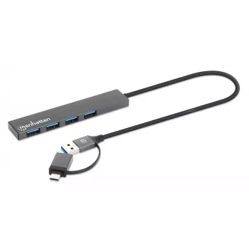 Manhattan USB-C & USB-A Combo Dock/Hub, Anschlüsse (4): USB-A (x4), 5 Gbps (USB 3.2 Gen1 alias USB 3.0), USB-gespeist (kein externes Netzteil erforderlich), Kabel 25 cm