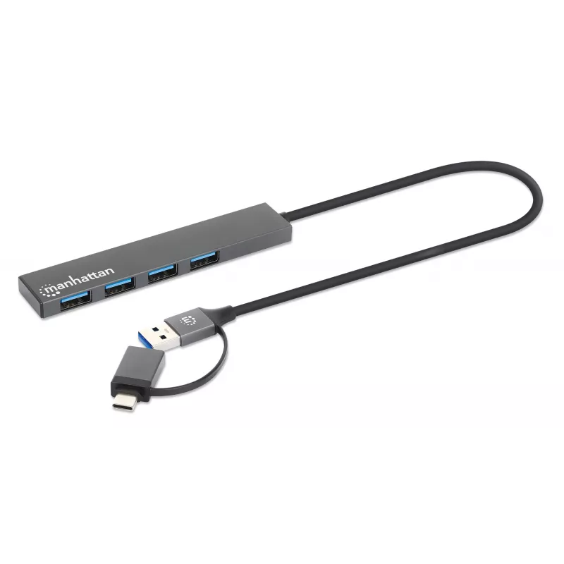 Manhattan USB-C & USB-A Combo Dock/Hub, Anschlüsse (4): USB-A (x4), 5 Gbps (USB 3.2 Gen1 alias USB 3.0), USB-gespeist (kein externes Netzteil erforderlich), Kabel 25 cm