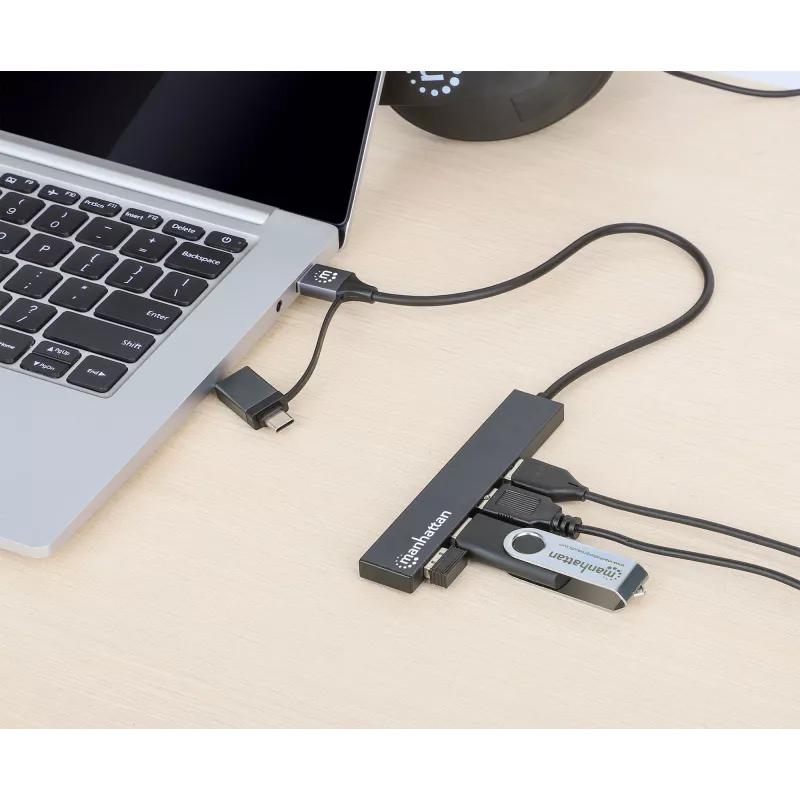 Manhattan USB-C & USB-A Combo Dock/Hub, Anschlüsse (4): USB-A (x4), 5 Gbps (USB 3.2 Gen1 alias USB 3.0), USB-gespeist (kein externes Netzteil erforderlich), Kabel 25 cm