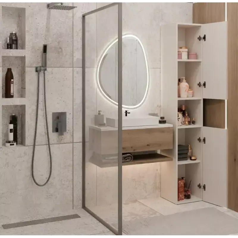 Badezimmer-Standschrank Top E Shop NEL, freistehend 2-türig, Laminat in Cashmere, 1740×310×300 mm, 5 Einlegeböden