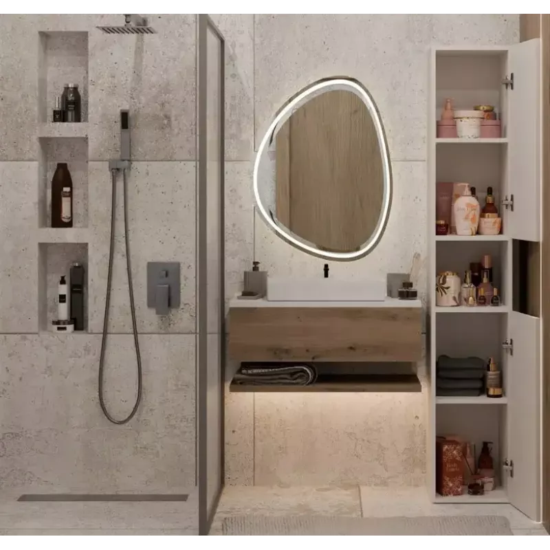 Badezimmer-Standschrank Top E Shop NEL, freistehend 2-türig, Laminat in Cashmere, 1740×310×300 mm, 5 Einlegeböden