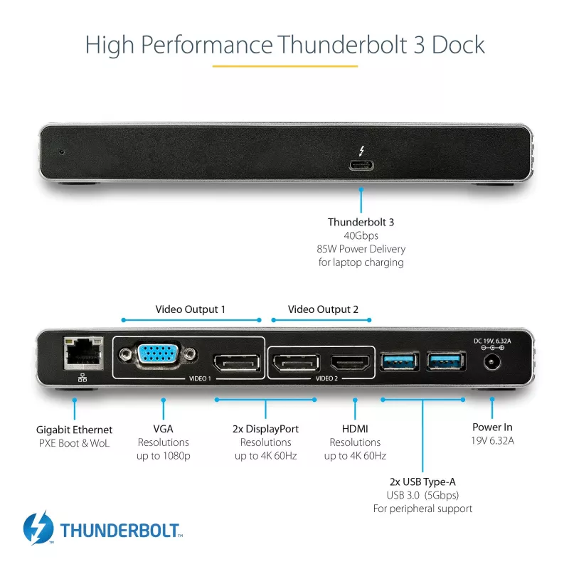 StarTech.com Thunderbolt 3 Dock – Dual-4K-60-Hz-Monitor-TB3-Laptop-Dockingstation mit DisplayPort, HDMI und 1080p VGA – 85 W Power Delivery & Ladeleistung – 2x USB-A, Ethernet – Mac & Windows