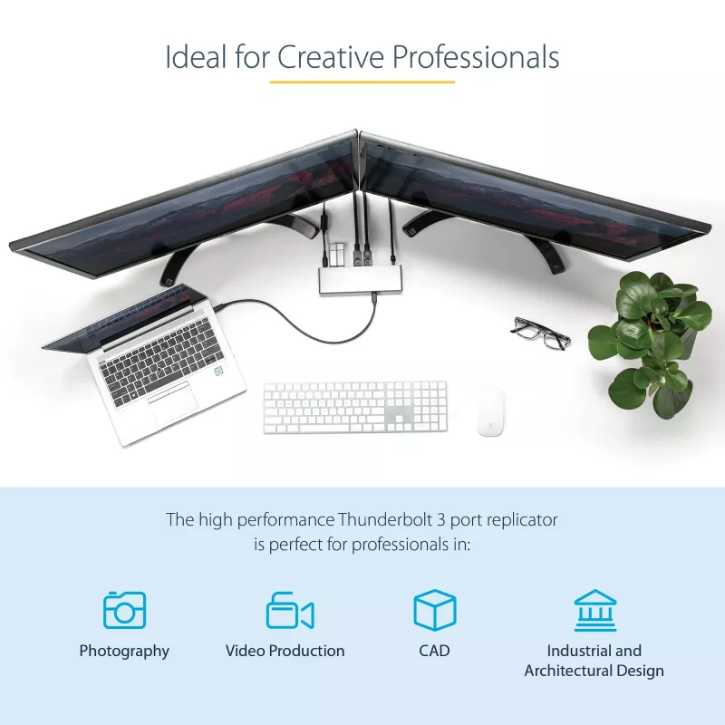 StarTech.com Thunderbolt 3 Dock – Dual-4K-60-Hz-Monitor-TB3-Laptop-Dockingstation mit DisplayPort, HDMI und 1080p VGA – 85 W Power Delivery & Ladeleistung – 2x USB-A, Ethernet – Mac & Windows