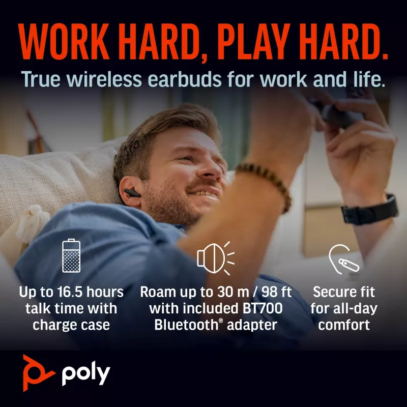 HP Poly Voyager Free 60+ UC Carbon Schwarz Earbuds +BT700 USB-C Adapter +Touchscreen-Ladecase