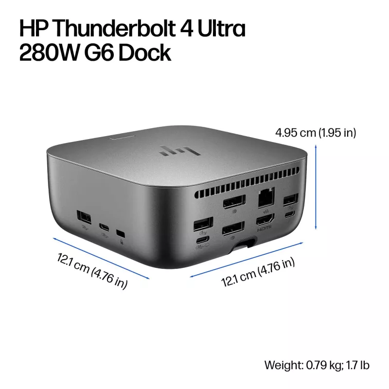 HP Thunderbolt 4 Ultra 280W G6 Dock, Kabelgebunden, Thunderbolt 4, 280 W, 10,100,1000,2500 Mbit/s, Grau, 8K Ultra HD