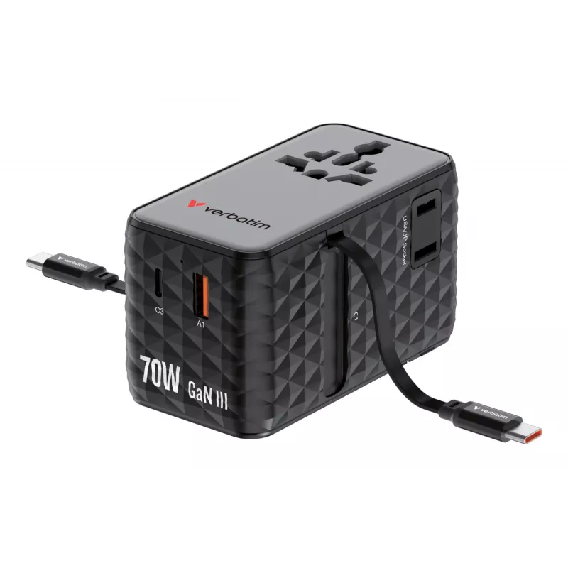 Verbatim Charge 'n' Travel 70W 2C retractable Universal Travel Adapter Schwarz